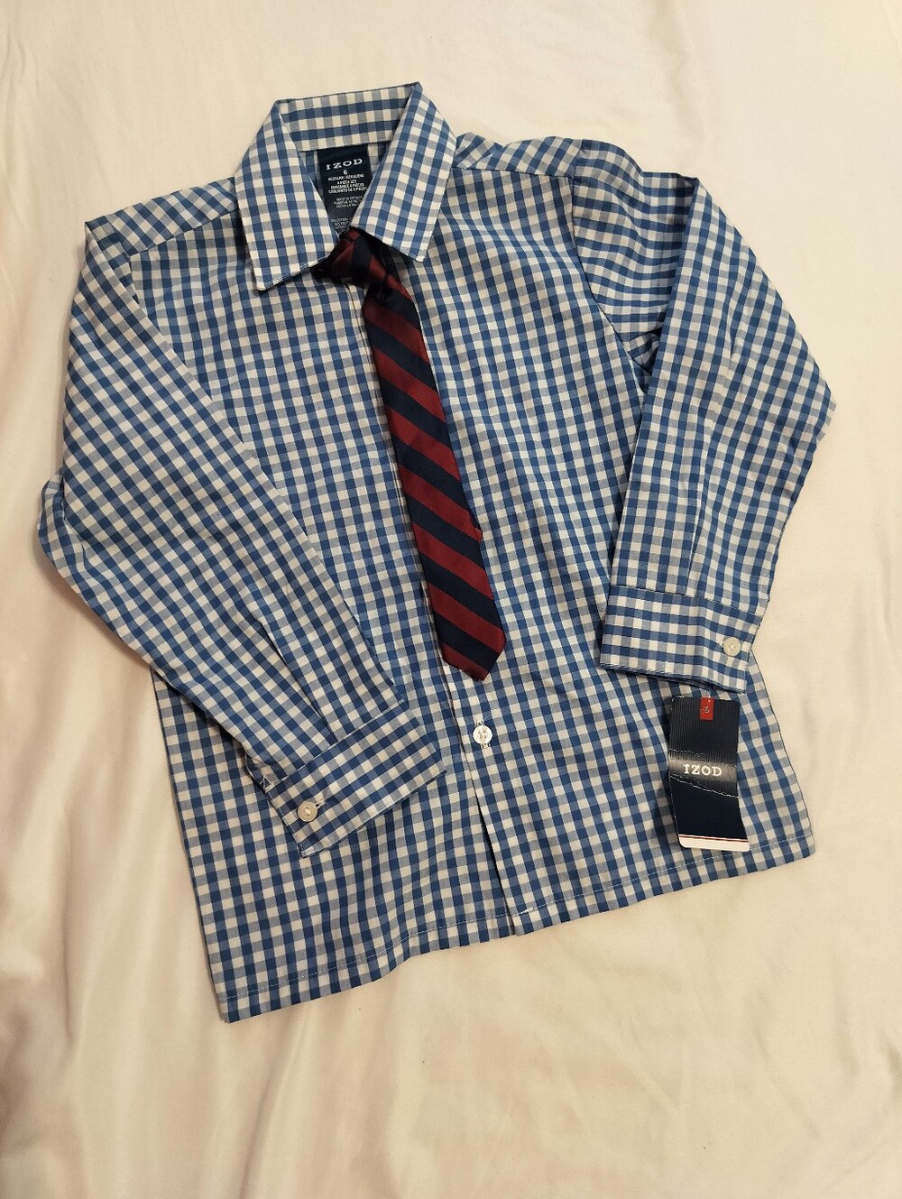 New Izod Blue and White Check Button-Down Shirt With Red Tie